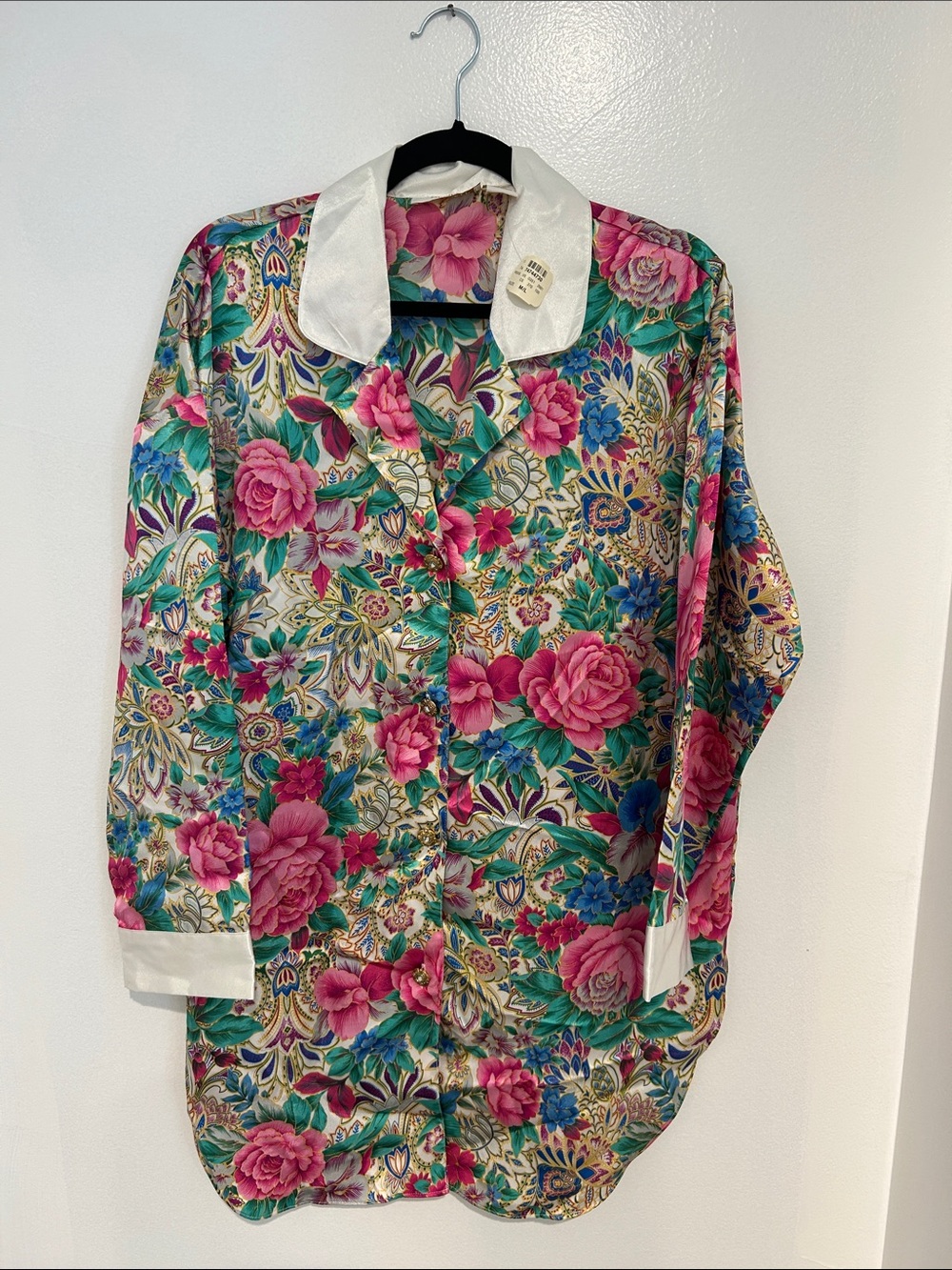 Floral Satin Button-Front Jacket with White Collar - Pink Multi
